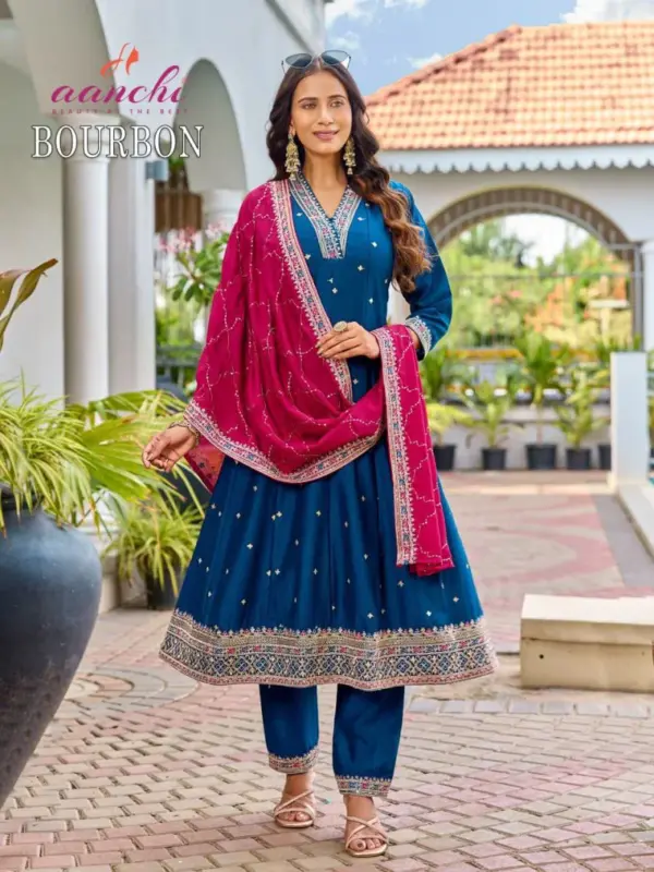 Stylish Aanchi Bourbon Vichitra Silk Embroidered Anarkali Kurti With Bottom Dupatta Wholesale 2026