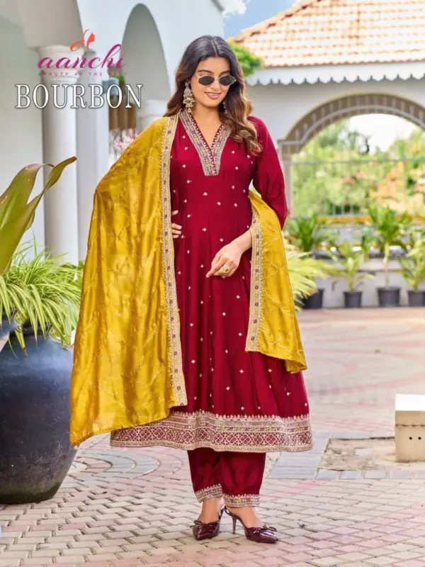 Stylish Aanchi Bourbon Vichitra Silk Embroidered Anarkali Kurti With Bottom Dupatta Wholesale 2026