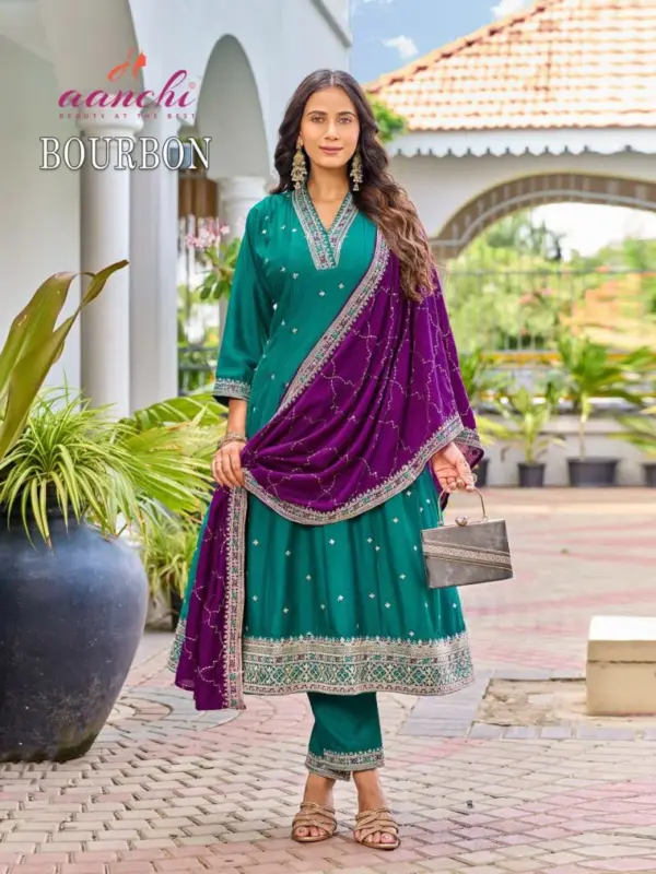 Stylish Aanchi Bourbon Vichitra Silk Embroidered Anarkali Kurti With Bottom Dupatta Wholesale 2026