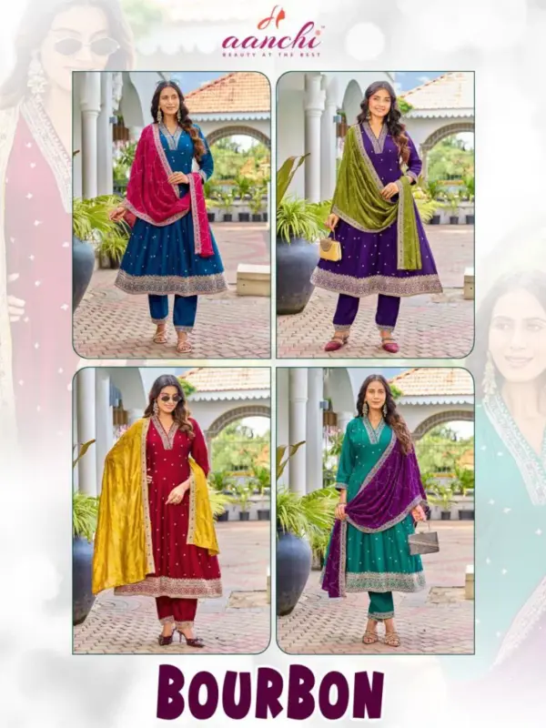 Stylish Aanchi Bourbon Vichitra Silk Embroidered Anarkali Kurti With Bottom Dupatta Wholesale 2026