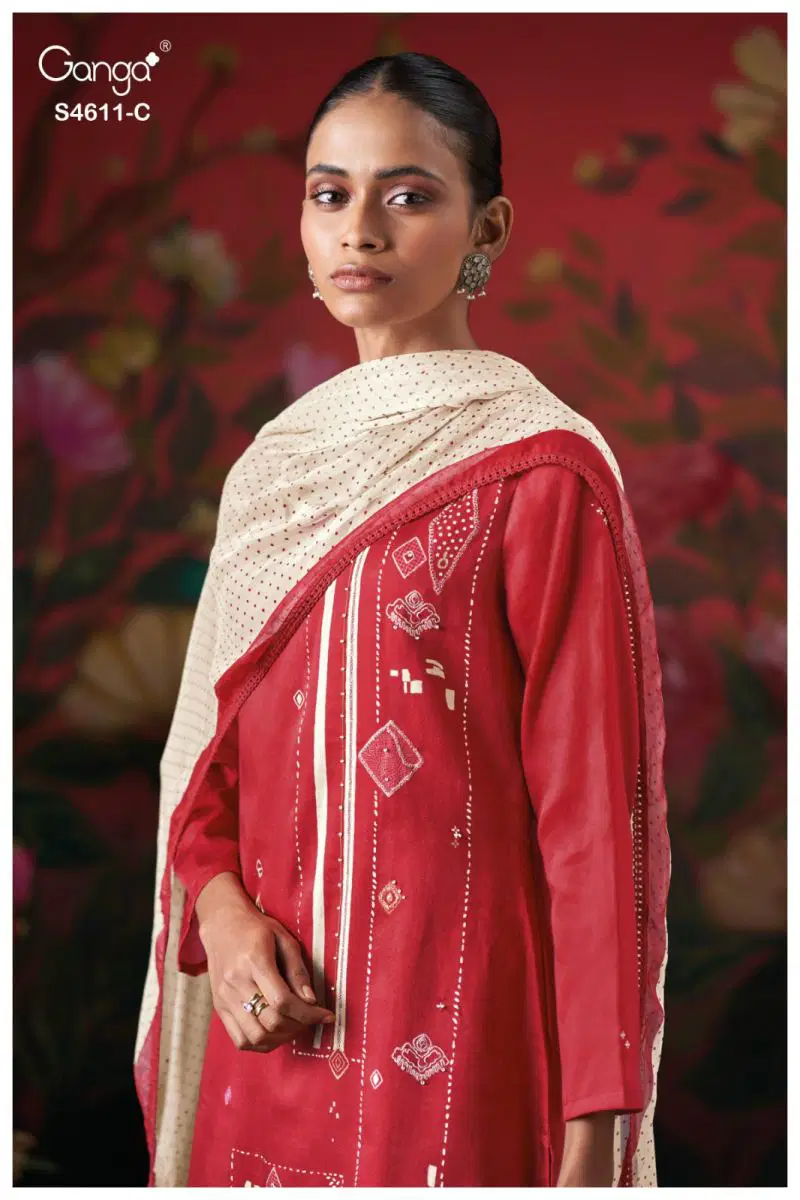 Ganga Nivra 4611 Premium Cotton Satin Hand Embroidered Salawar Kameez Wholesale