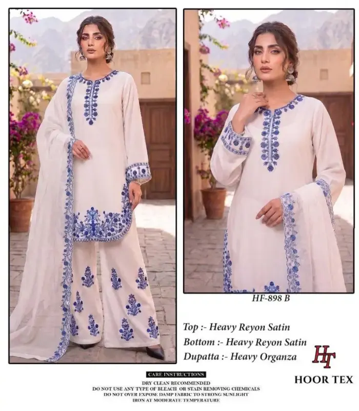 Launching Hoor Tex 898 A To D Rayon Satin Embroidered Salwar Kameez Collection Wholesale 2026