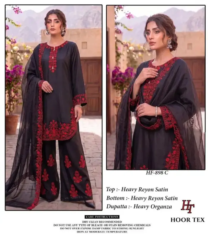 Launching Hoor Tex 898 A To D Rayon Satin Embroidered Salwar Kameez Collection Wholesale 2026