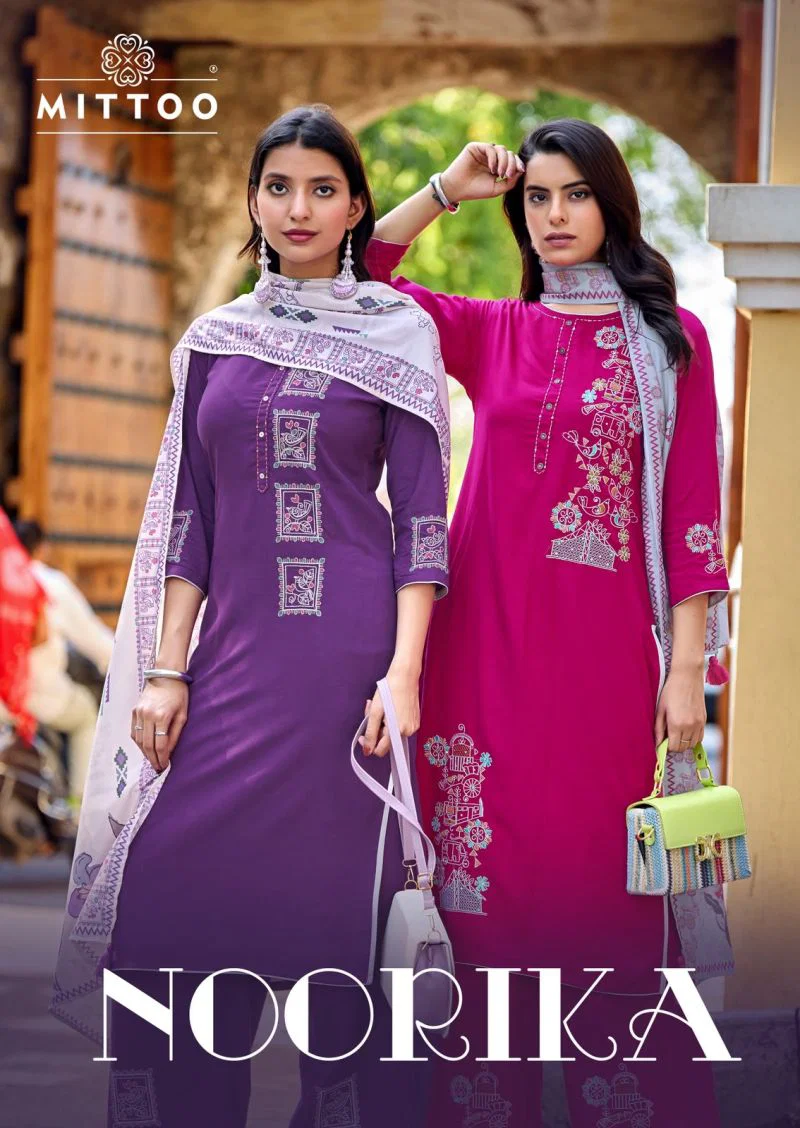 Mittoo Noorika Rayon Thread And Hand Work Kurti With Bottom Dupatta Wholesale