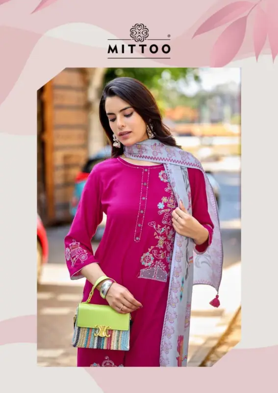 Launching Mittoo Noorika Rayon Thread And Hand Work Kurti With Bottom Dupatta Wholesale 2026