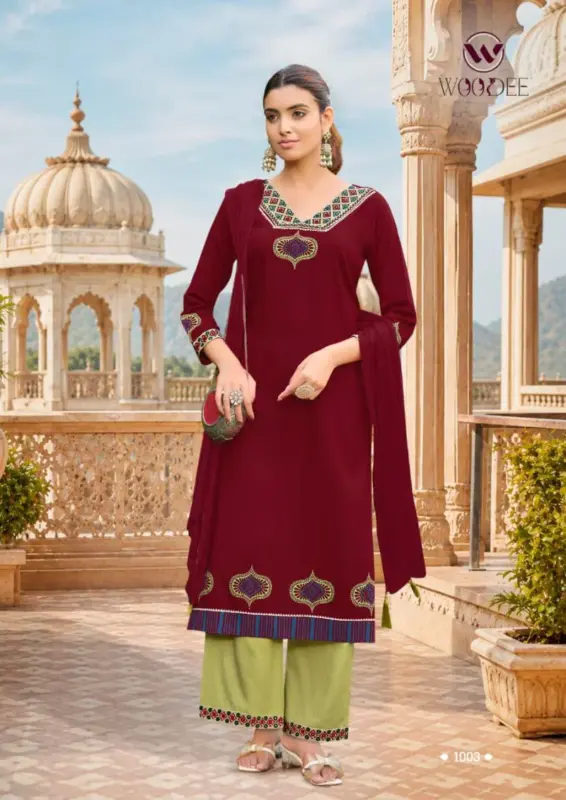 Buy Woodee Noor Rayon Thread Work Kurti With Bottom Dupatta Wholesale 2026
