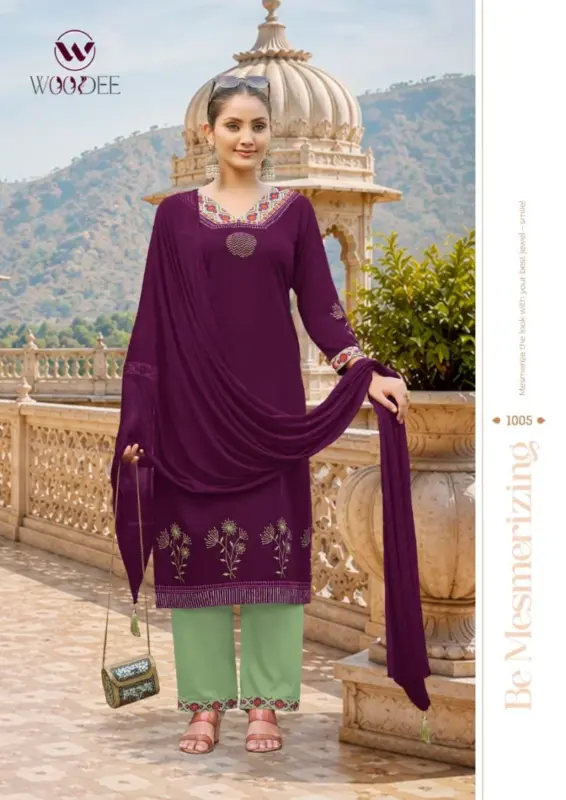 Buy Woodee Noor Rayon Thread Work Kurti With Bottom Dupatta Wholesale 2026