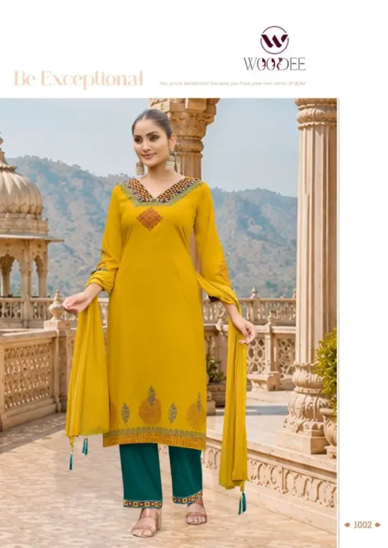 Buy Woodee Noor Rayon Thread Work Kurti With Bottom Dupatta Wholesale 2026