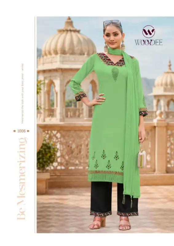 Buy Woodee Noor Rayon Thread Work Kurti With Bottom Dupatta Wholesale 2026