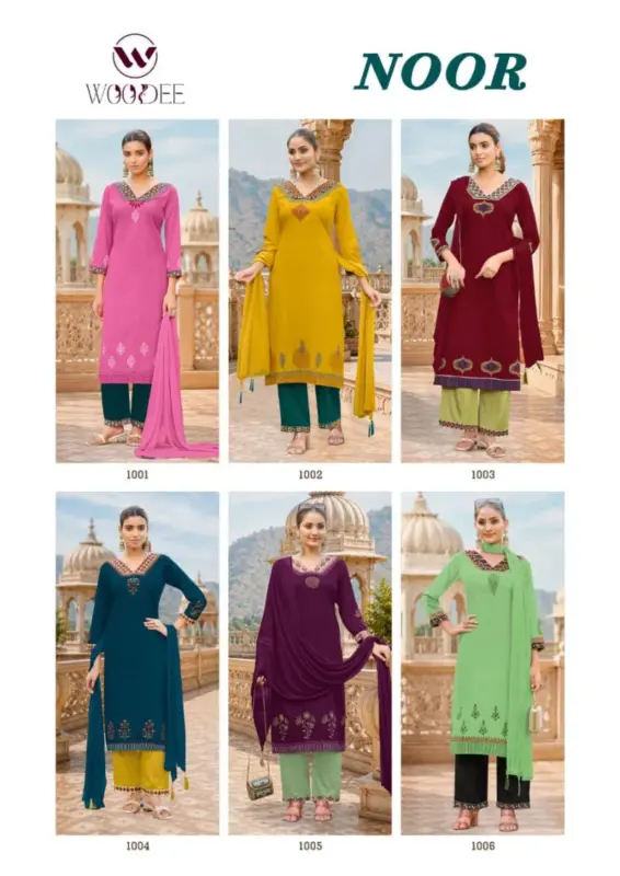 Buy Woodee Noor Rayon Thread Work Kurti With Bottom Dupatta Wholesale 2026