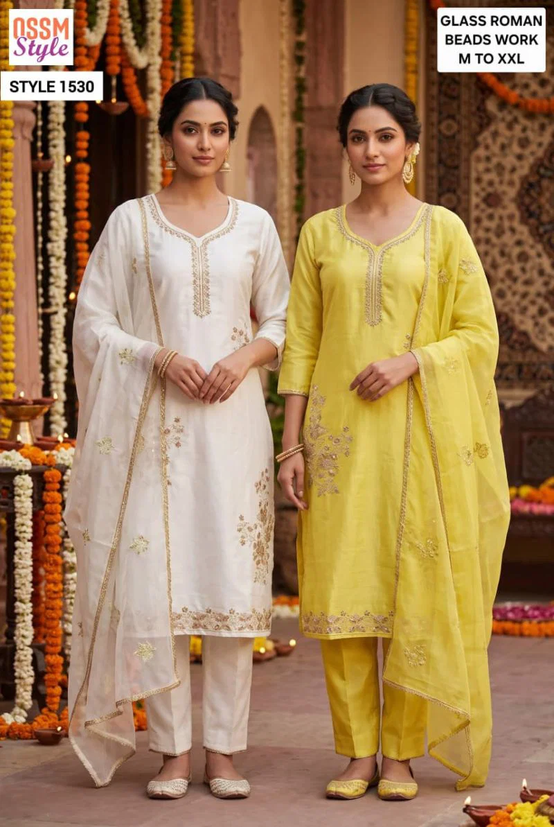 Ossm Style 1530 Viscose Roman Glass Beads And Hand Work Kurti With Bottom Dupatta Wholesale