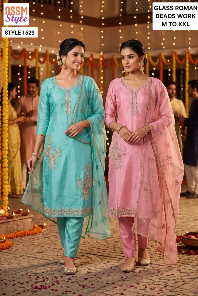 Ossm Style 1529 Viscose Roman Glass Beads And Hand Work Kurti With Bottom Dupatta Wholesale
