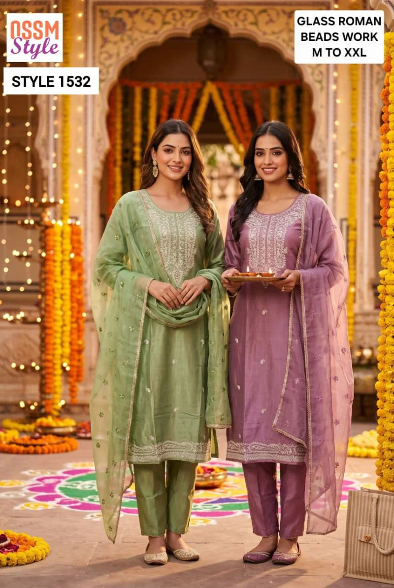 Ossm Style 1532 Viscose Roman Glass Beads And Hand Work Kurti With Bottom Dupatta Wholesale