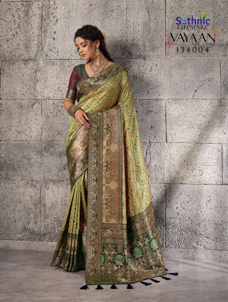 Sethnic Vayaan Banarasi Silk Zari Work Motif Patta Saree Collection Wholesale 7 Sethnic Vayaan Banarasi Silk Zari Work Motif Patta Saree Collection Wholesale
