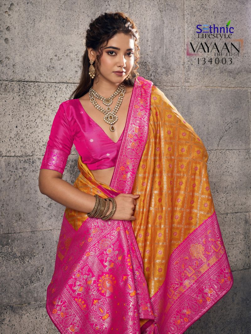 Sethnic Vayaan Banarasi Silk Zari Work Motif Patta Saree Collection Wholesale 11 Sethnic Vayaan Banarasi Silk Zari Work Motif Patta Saree Collection Wholesale